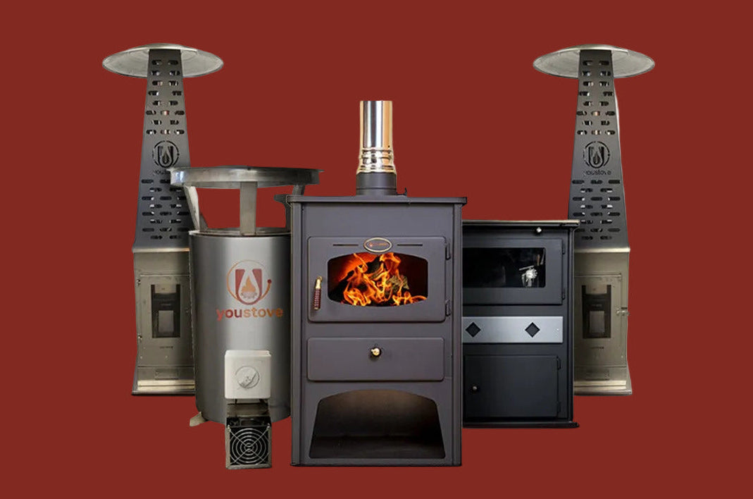 Wood-burning stove with decorative elements on a white background